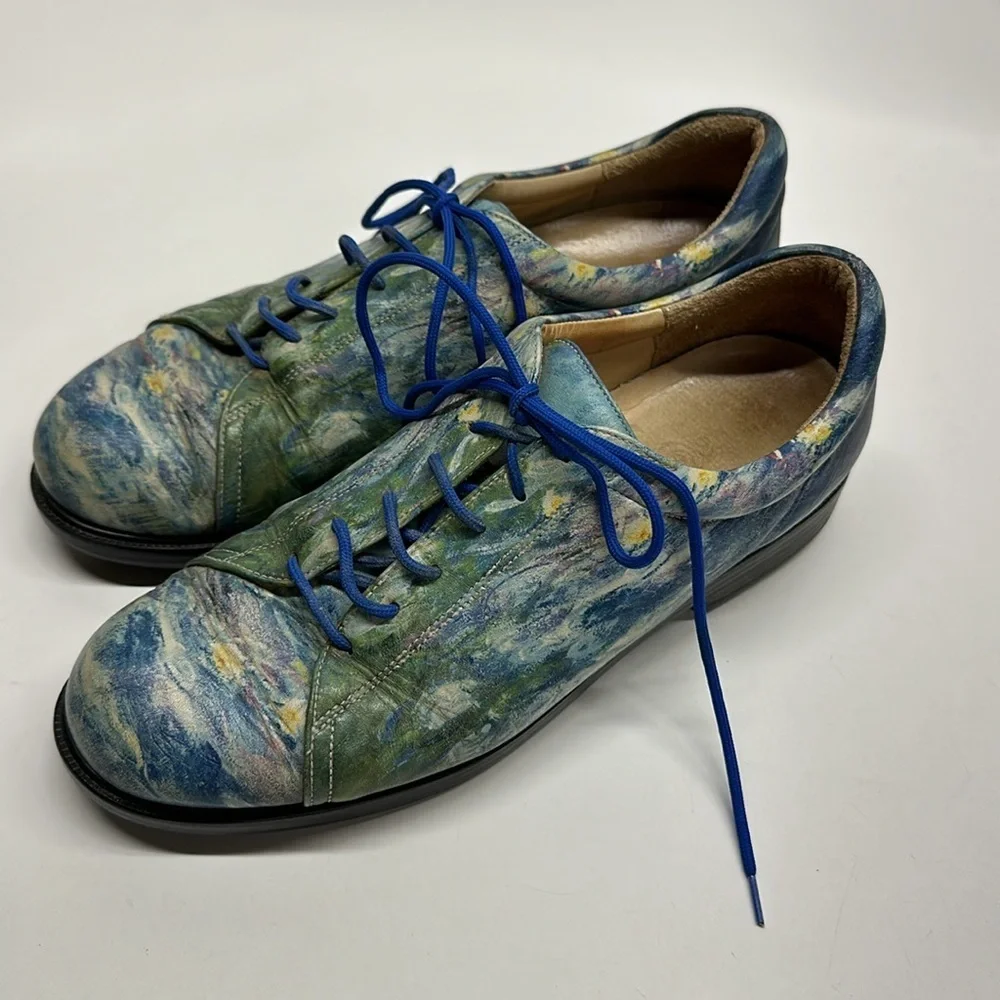 Icon Shoes Sneakers Lace Up Leather Y2K Wearable Art Water Lillies Painting 7.5
